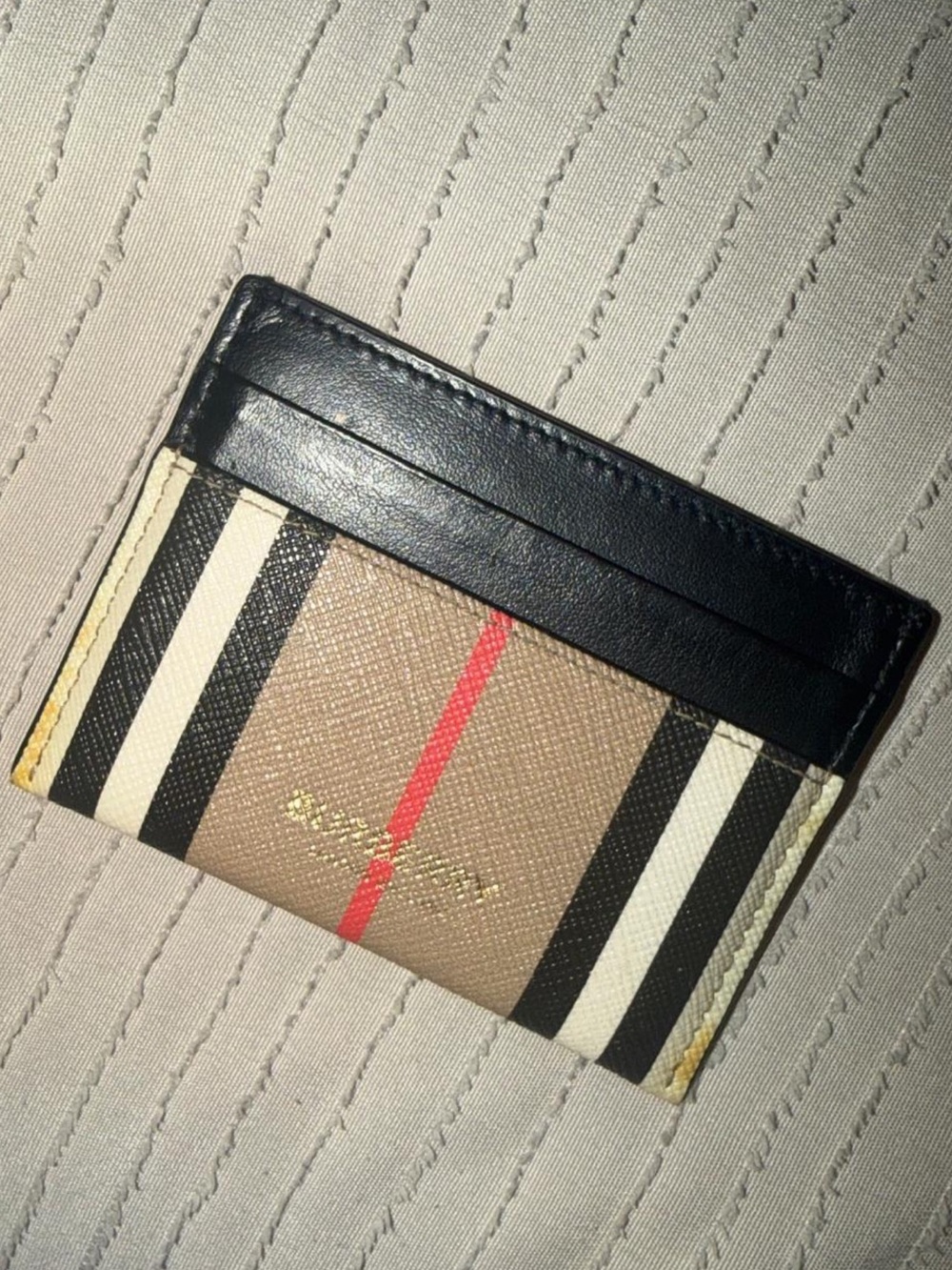 Classic Striped Leather Cardholder - Black & Beige